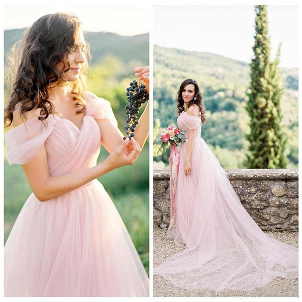 Blush Pink Garden Wedding Dresses Hot Selling New Court Train A-Line Off-the-shoulder Boho Tulle Bridal Gowns Vestidos De Noiva W729