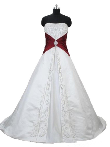 White and Red Embroidery Wedding Dresses Real Image New Sweep Train Strapless A-Line Satin Bridal Gowns Vestido De Novia Hot Sales W300