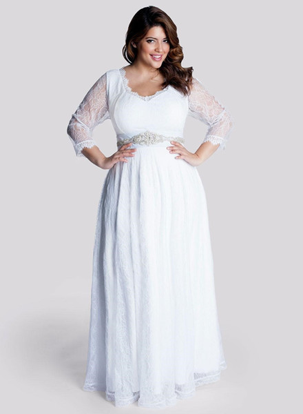 Plus Size Full Lace Chiffon Wedding Dresses New Custom Floor Length Beads Sash 3/4 Long Sleeve Empire Maternity Bridal Gowns W304