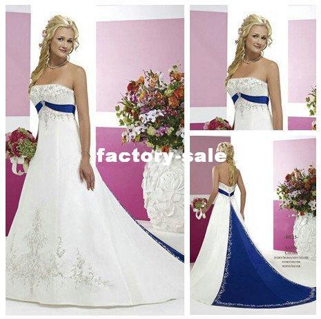 2017 Vintage Style Embroidery On Satin White and Royal Blue Floor Length Wedding Dresses Custom Made BO5759