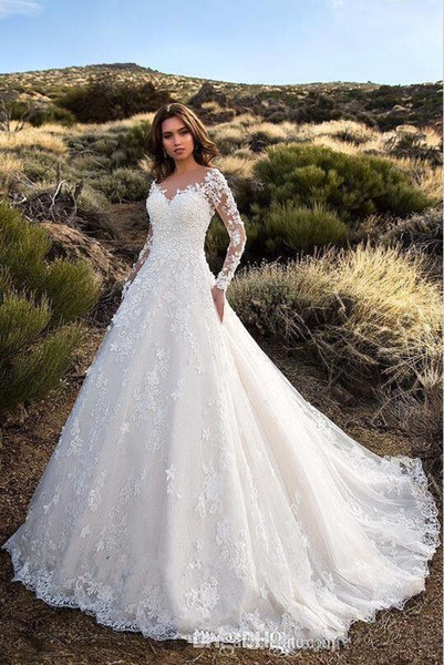 Long Sleeve Lace Country Wedding Dresses New Hot Selling Applique Court Train Tulle Sheer Backless Bridal Gowns Robe De Mariage W212