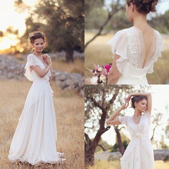 Bohemian Chiffon Wedding Dresses New Hot Selling Custom Sweep Train V-Neck Applique Pleats Cap Sleeve Backless Beach Bridal Gowns W100