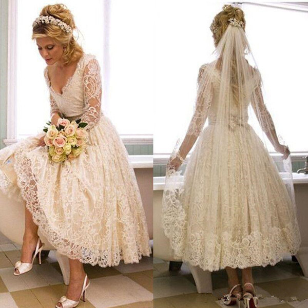 Vintage Lace Short Wedding Dresses Vestido De Novia New Bow Sash V-Neck A-Line 3/4 Long Sleeve Tea Length Bridal Gowns W184