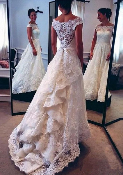 Off-the-shoulder Vintage Lace Wedding Dresses Hot Selling New Sweep Train Bow Sash A-Line Ruffled Bridal Gowns Vestios De Marriage W136