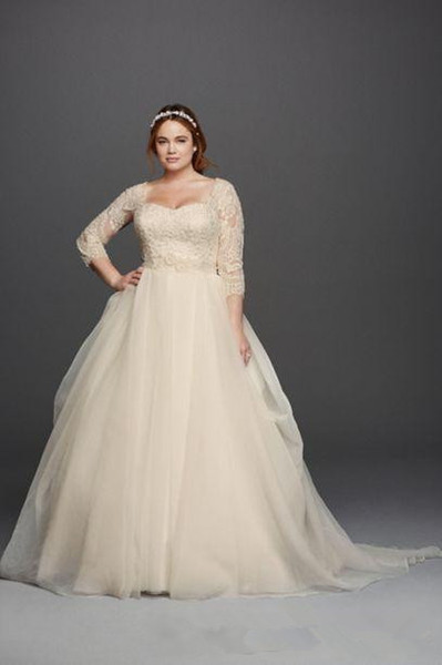 Plus Size Champagne Wedding Dresses Hot Selling New Custom Beaded Applique A-Line Sweetheart 3/4 Long Sleeve Lace Bridal Gowns W028