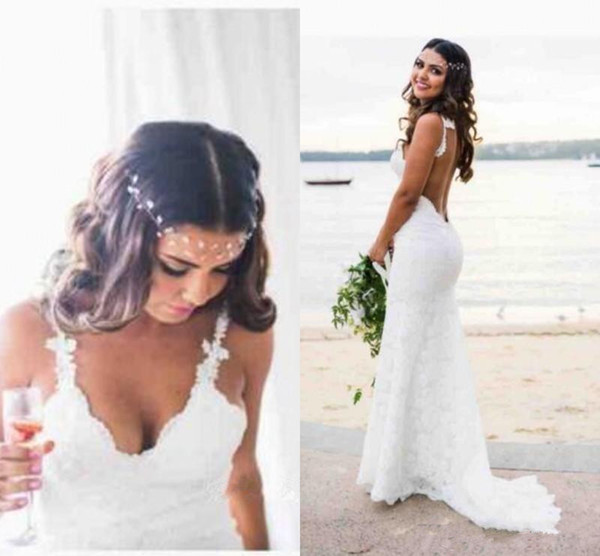 Bohemian Style Beach Wedding Dresses Hot Selling New Custom Sweep Train Spaghetti Strap Full Lace Mermaid Backless Bridal Gowns W022