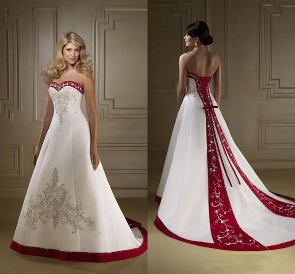 Embroidery White and Red Wedding Dresses Hot Sales Custom Made New Sweep Train Sleeveless Sweetheart A-Line Satin Bridal Gowns W008