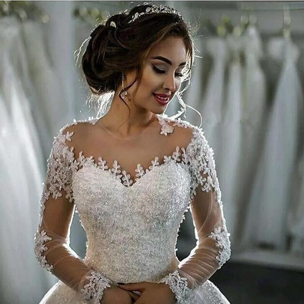 Amazing Sheer Neck Wedding Dresses Lace Appliques Beads Illusion Long Sleeves Bridal Gowns Ball Gown Sweep Train Custom Wedding Dresses