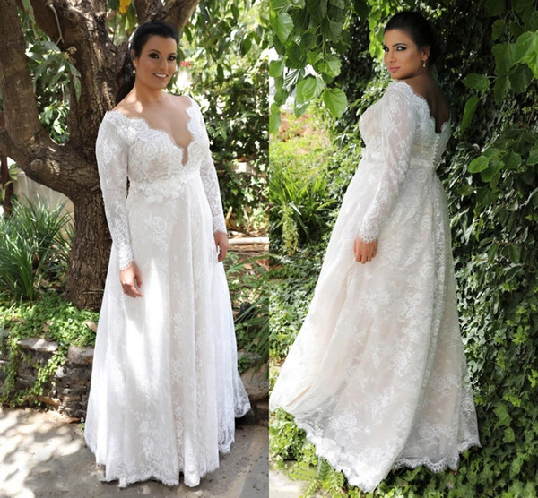 Garden A-line Empire Waist Lace Wedding Dresses With Long Sleeves Sexy Long Wedding Gowns For Plus Size Wedding Dresses DH391