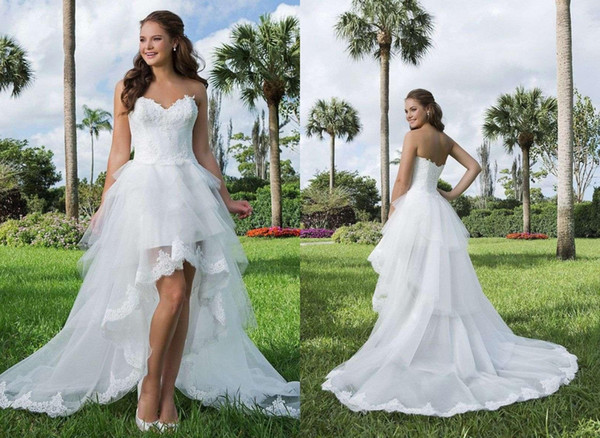 Charismatic Sweetheart Off The Shoulder Chapel Train Layers Organza Appliques Lace High Low Style Wedding Dresses HY4003