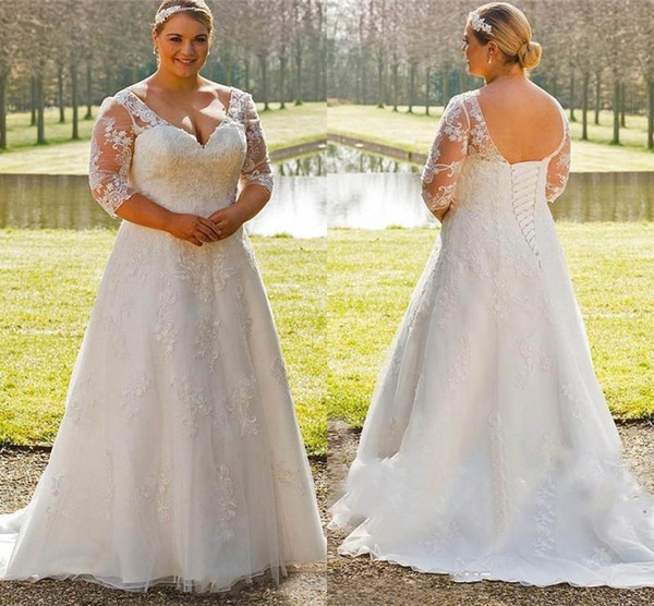 Plus Size A line Wedding Dresses Half Sleeve Sweetheart Sheer Lace Corset Back Vestios De Novia Bridal Gowns HY398