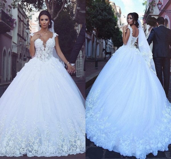 Ball Gown Wedding Dresses Said Mhamad Cap Sleeves Appliques Lace Tulle Wedding Gowns Custom Made African Bridal Dresses Vstidos DH4144