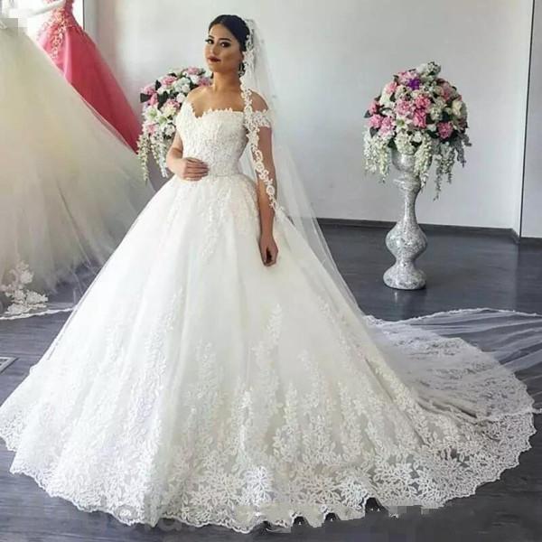 Luxury Lace Ball Gown Wedding Dresses A Line Off Shoulder Sweep Train Bridal Gowns With Lace Applique Plus Size Wedding Gowns DH4114