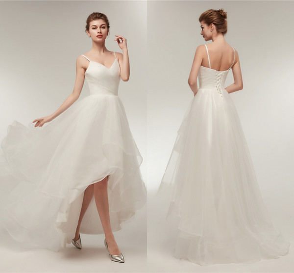 Elegant Ruffle V Neck A Line Tulle Long Hi Low Wedding Party Bride Dresses For Women Wedding Dresses Gowns DH4241