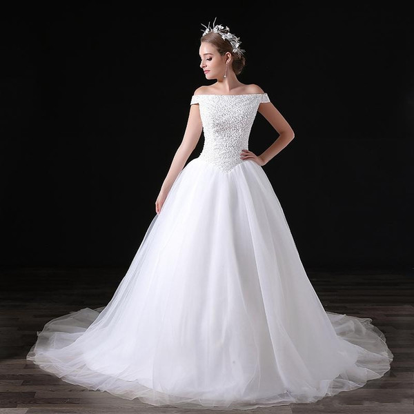 Elegant Dresses Boat Neck With Beading Short Sleeves A Line Tulle Long Wedding Party Bride Dresses For Women Wedding Gowns DH419