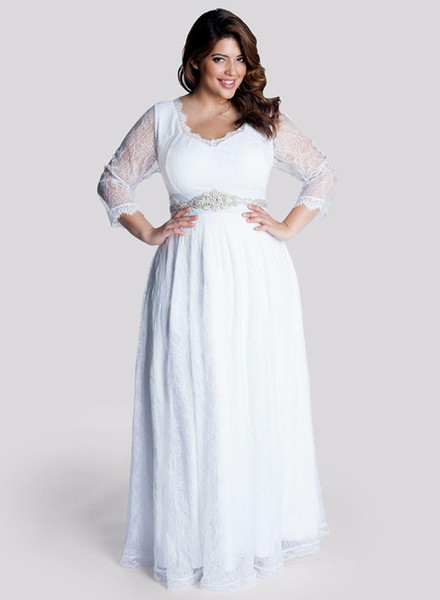 Beads Crystal Sash Transparent Lace Plus Size Pregnant Women Three Quarter Sleeve Modest Wedding Dresses Baby Shower Bridal Gowns DH395