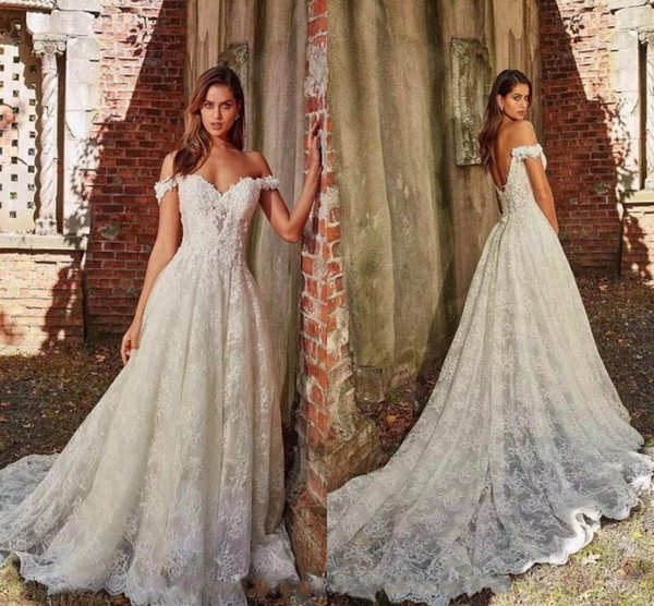 Sexy Backless Summer Beach Off The Shoulder Full Lace Wedding Dresses A-Line Lace Appliques With Court Train Long Bridal Gowns