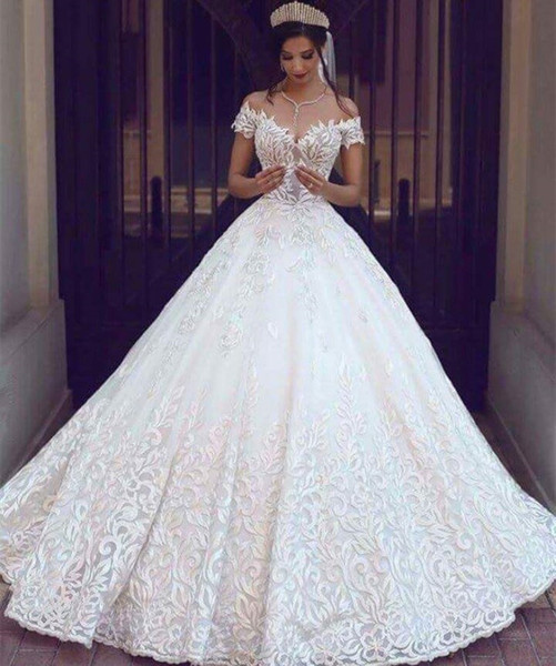 New Vintage Lace Wedding Dresses Sexy Off The Shoulder Short Sleeves Applique Sweep Train A Line Wedding Bridal Gowns Custom Made HY4115