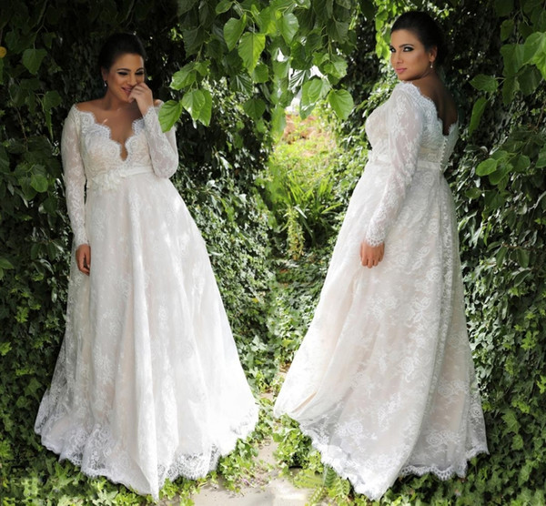 Garden A-line Empire Waist Lace Plus Size Wedding Dresses With Long Sleeves Sexy Long Wedding Gowns For Plus Size Wedding Dresses HY391