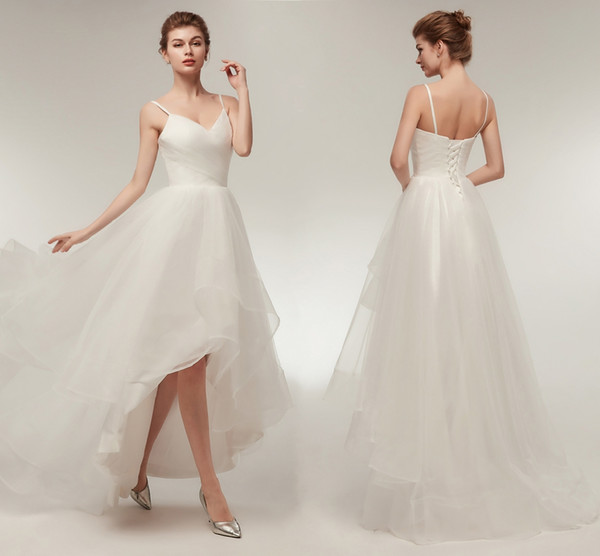 Elegant Summer Wedding Dresses With Straps Sexy V Neck Hi Lo Wedding Gowns Bridal Dresses Custom Made Tulle Gowns HY4169