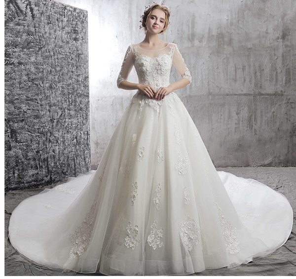 Quality White Wedding Dresses Shoulder Sleeve Lace New Spring In The Trailing Three-Dimensional Applique Nail Bead Church Wedding Dresses