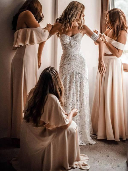 Vintage Bohemian Wedding Dresses Cotton Crochet Lace Off Shoulder Love Spell Full length Country Boho Mermaid Beach Bridal Gown