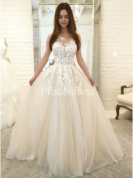 Lace Wedding Dresses O-Neck Soft Tull Floor Length Sleeveless Sheer Neck Elegant Formal Bridal Gowns Charming Cheap Vestidoe De Noiva