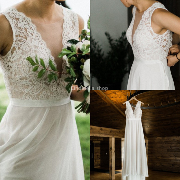 Bohemian Lace Chiffon Wedding Dresses V-Neck Sleeveless Illusion Summer Beach Bridal Gowns Cheap Customized robes de mariée