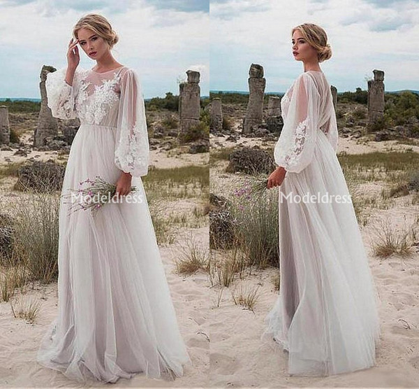 Romantic Bohemia Wedding Dresses Plus Size Illusion Soft Tulle Beach Bridal Gowns Long Sleeves Sweep Train Elegant Vestidoe De Noiva