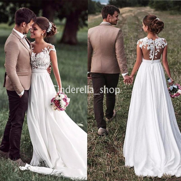 Simple Western Country Wedding Dresses Sheer Neck Appliques Illusion Bodice Sweep Train Beach Robe De Mariee Bridal Gowns Cheap Custom