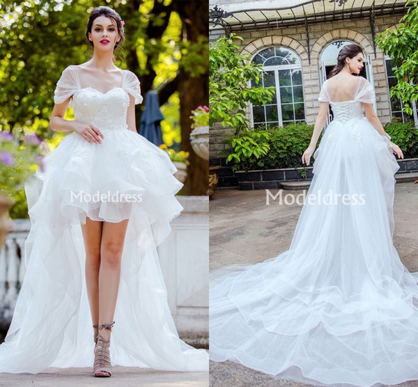 Stylish Wedding Dresses New High-Low Special Design Backless Short Appliques Court Train Bridal Gowns Tiered Illusion Vestidoe De Noiva