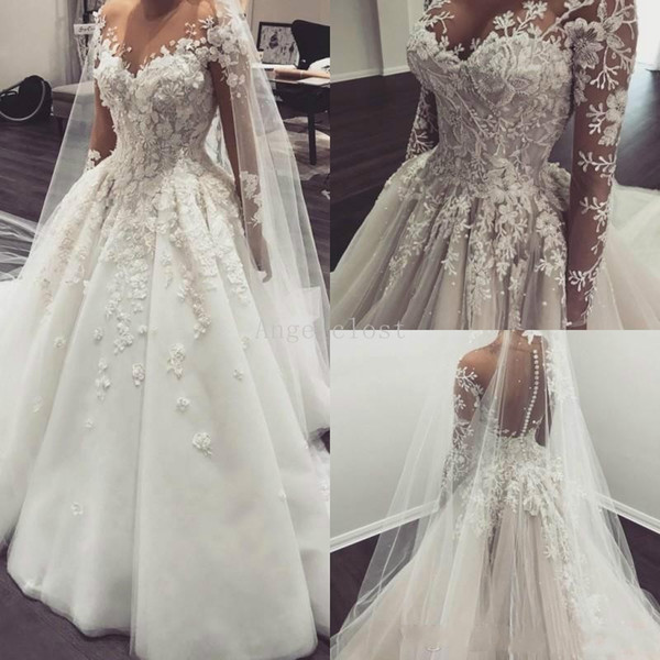 Vestidos de novia Elegant Wedding Dresses Long Sleeve A Line Sheer Neck Lace Appliqued Flowers Formal Bridal Gowns Custom Made Cheap