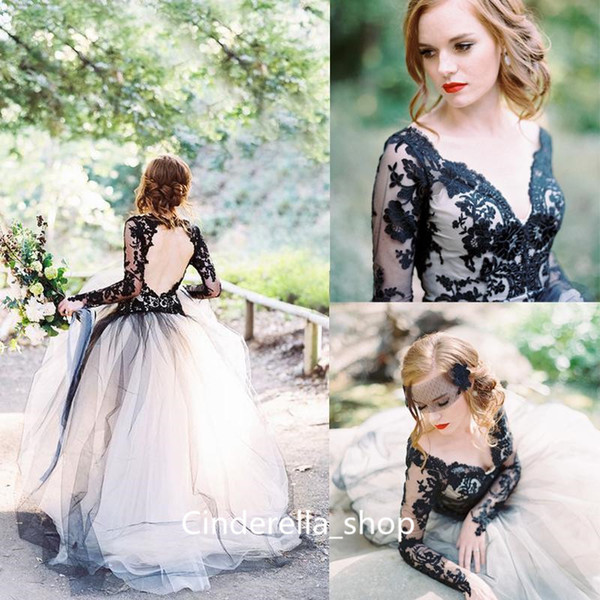 New Wedding Dresses With Black Appliques Long Sleeve V Neck Illusion Bodice Hollow Back Bridal Gowns Sweep Train Cheap Custom Plus Size