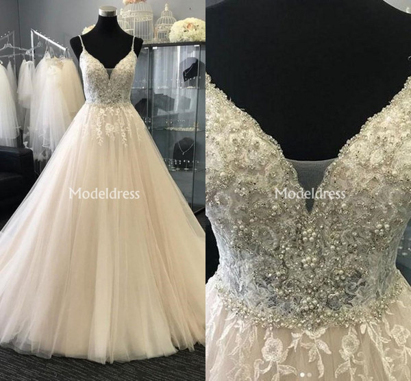 Arabric Lace Wedding Dresses Spaghetti Strap Pearls A-Line Tulle Crystal Sweep Train Castle Bridal Gown Appliques Hot vestidos de novia