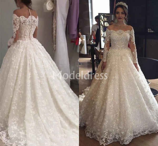 Lace Illusion White Wedding Dresses Off Shoulder Long Sleeves Train Charming Bridal Gowns Loose Stylish Gorgeous Chic Vestidoe De Noiva