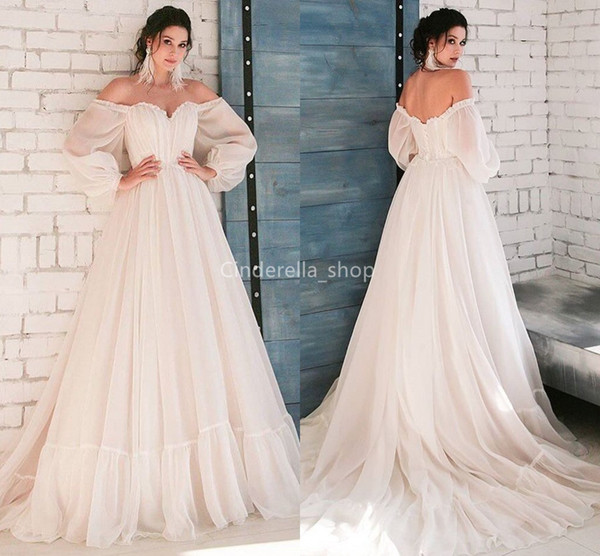 Romantic Long Sleeves Chiffon Wedding Dresses Off The Shoulder Pleats Lace Appliques Country Style Summer Bridal Gowns vestidos de novia