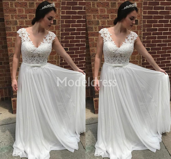 Lace White Wedding Dresses V-Neck Sweep Train Sleeveless Simple Bridal Gowns Country Style A-Line Elegant vestidos de novia Custom Made