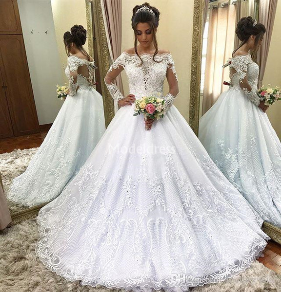 Arabric Chic Lace Wedding Dresses Long Sleeves Bateau A-Line Sweep Train Illusion Bridal Gowns Appliques Elegant Vestidoe De Noiva Plus Size