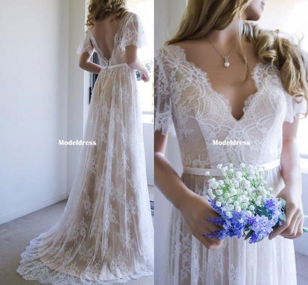 Bohemian Lace Wedding Dresses Cheap V-Neck Open Back Short Sleeve Summer Boho Champagne Bridal Gowns Sweep Train Custom Made