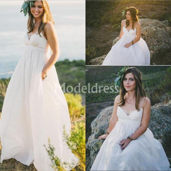 Bohemian Country Style White Wedding Dresses Spaghetti V-Neck A-Line Soft Chiffon Sweep Train Sleeveless Beach Bridal Gowns robe de mariée