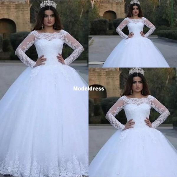 Arabic Ball Gown lace Wedding Dresses Sheer Long Sleeve Appliques Scoop Floor Length Plus Size Bridal Gowns Luxury White Customized