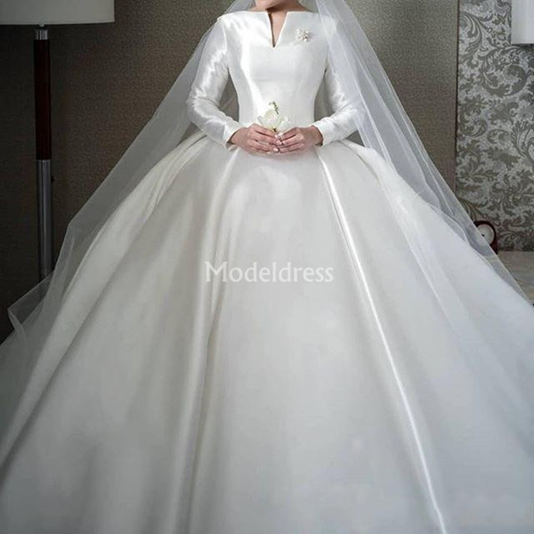 Elegant Muslim Wedding Dresses With Long Sleeves Bateau A-Line Stain Sweep Train Church Bridal Gowns Garden Chic Plus Size Vestidoe De Noiva