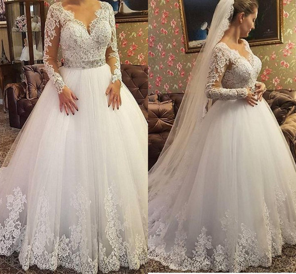 Sheer Long Sleeves Vintage Wedding Dresses V Neck Appliques Sash Beads A Line Sweep Train Elegant Lace Bridal Gowns Cheap Customized