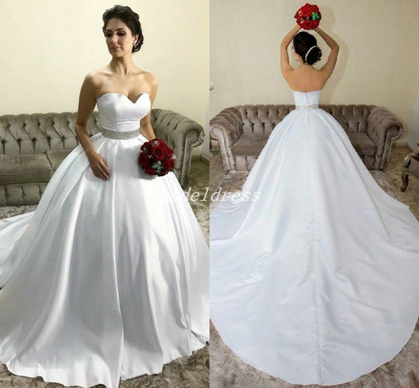 White Ball Gown Wedding Dresses Sweet Heart Backless Sash Sweep Train Chapel Garden Bridal Gowns vestido de novia Plus Size