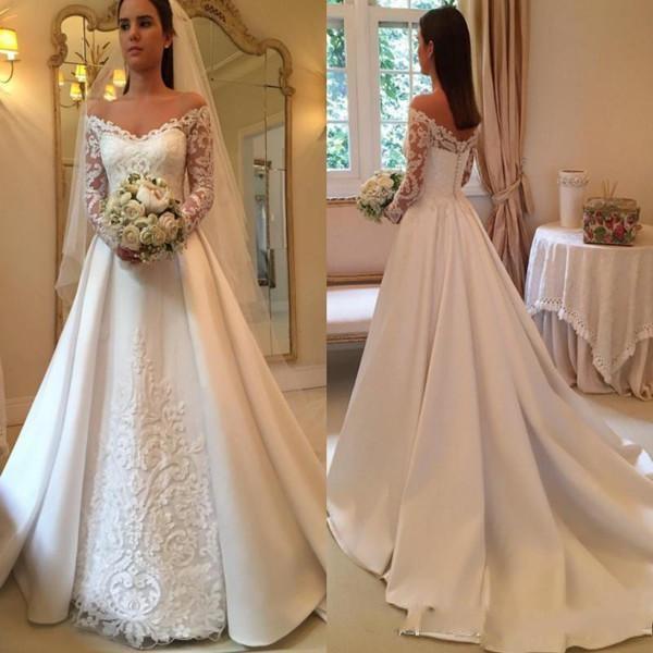 Long Sleeve Wedding Dresses A Line Cap Sleeve V Neck Lace Appliques Elegant Country Bridal Gowns Court Train Satin Vestidos De Noiva 