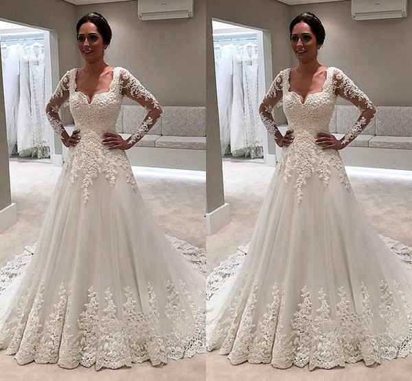 Sheer Long Sleeves Vintage Wedding Dresses Sweetheart Appliques A Line Sweep Train Elegant Bridal Gowns Vestidos De Noiva Customized