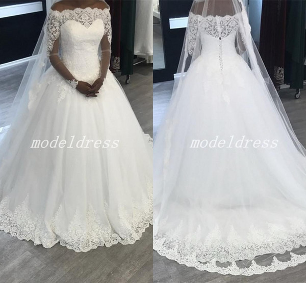 Africa White Lace Ball Gown Wedding Dresses Long Sleeve Bateau Appliques Garden Chapel Country Bridal Gowns vestido de novia