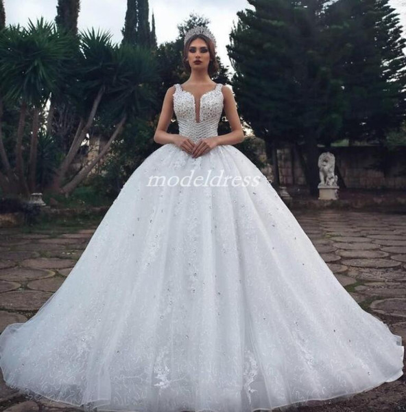 Princess Lace Ball Gown Wedding Dresses Spaghetti Court Train Crystal Beads Sequin Chapel Garden Country Bridal Gowns vestido de novia