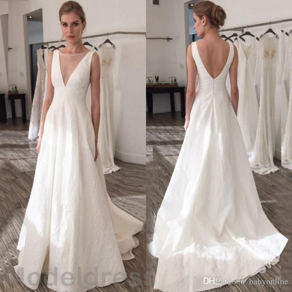 Elegant Wedding Dresses Boho Sheer Neck Open Back Sweep Train Ivory Satin Plus Size Bridal Gowns African Cheap Custom Made