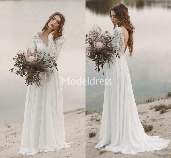 Bohemian Lace Wedding Dresses Long Sleeves V-Neck Backless Illusion Sweep Train Country Style Beach Bridal Gowns Garden Vestidoe De Noiva